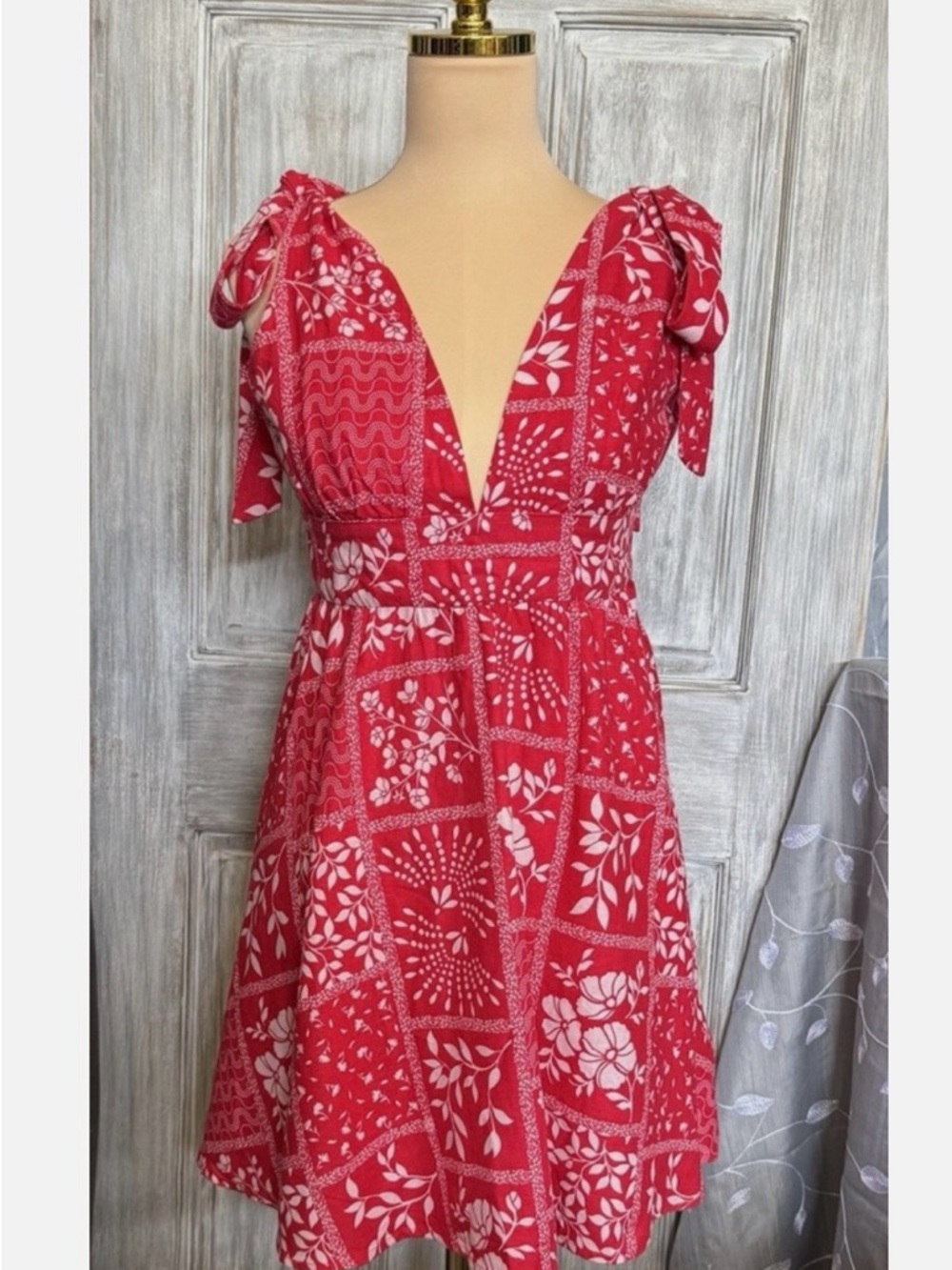 House of Harlow 1960 Red and White Tie-Shoulder Mini Dress